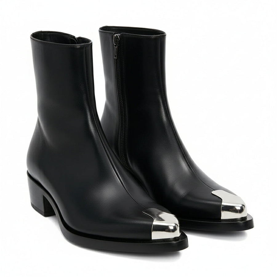 Punk Leather Boots Silver Toe