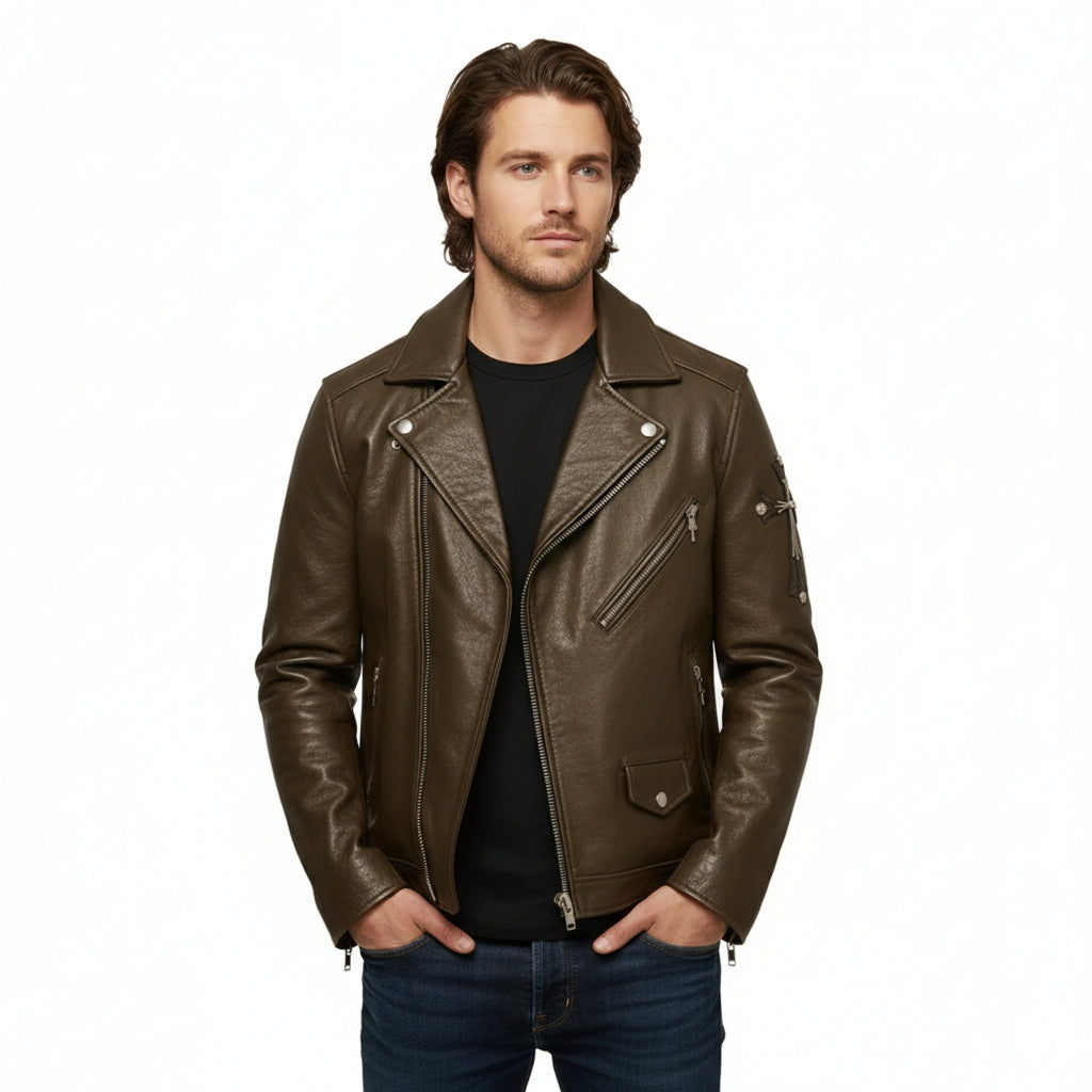 Cross Patch Leather Biker Jacket