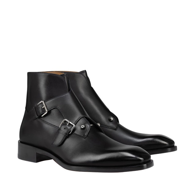 Luxury Double Monk Strap High-top Polished Leather Boots with Silver Buckles