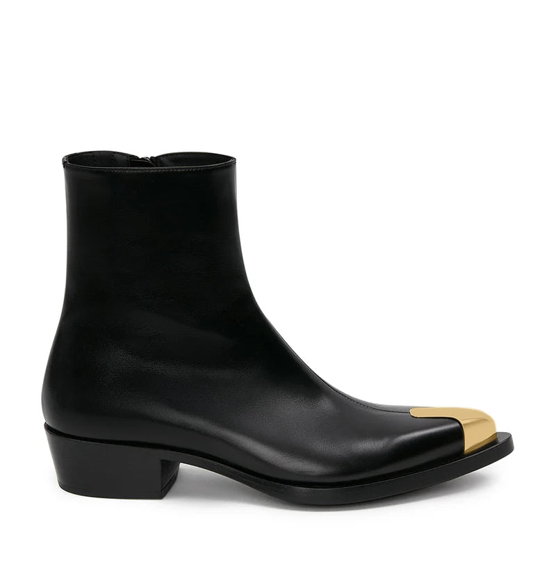 Punk Leather Boots Golden Toe Black