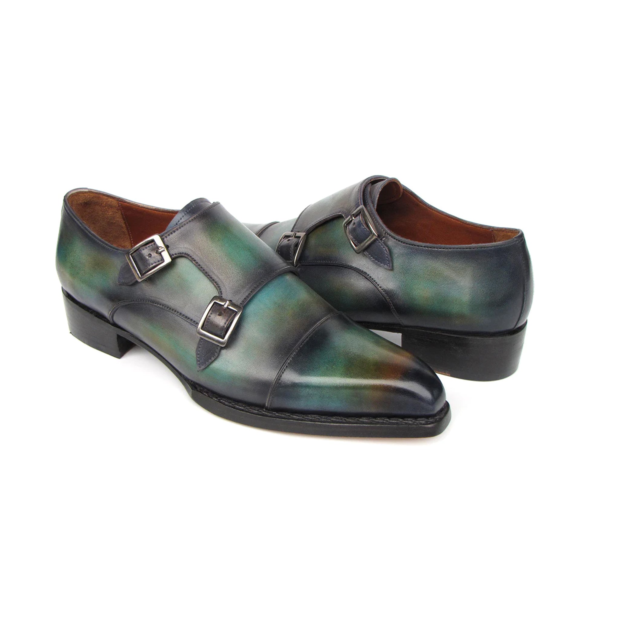 Men's Cap Toe Double Monkstrap Shoes Green & Blue Patina