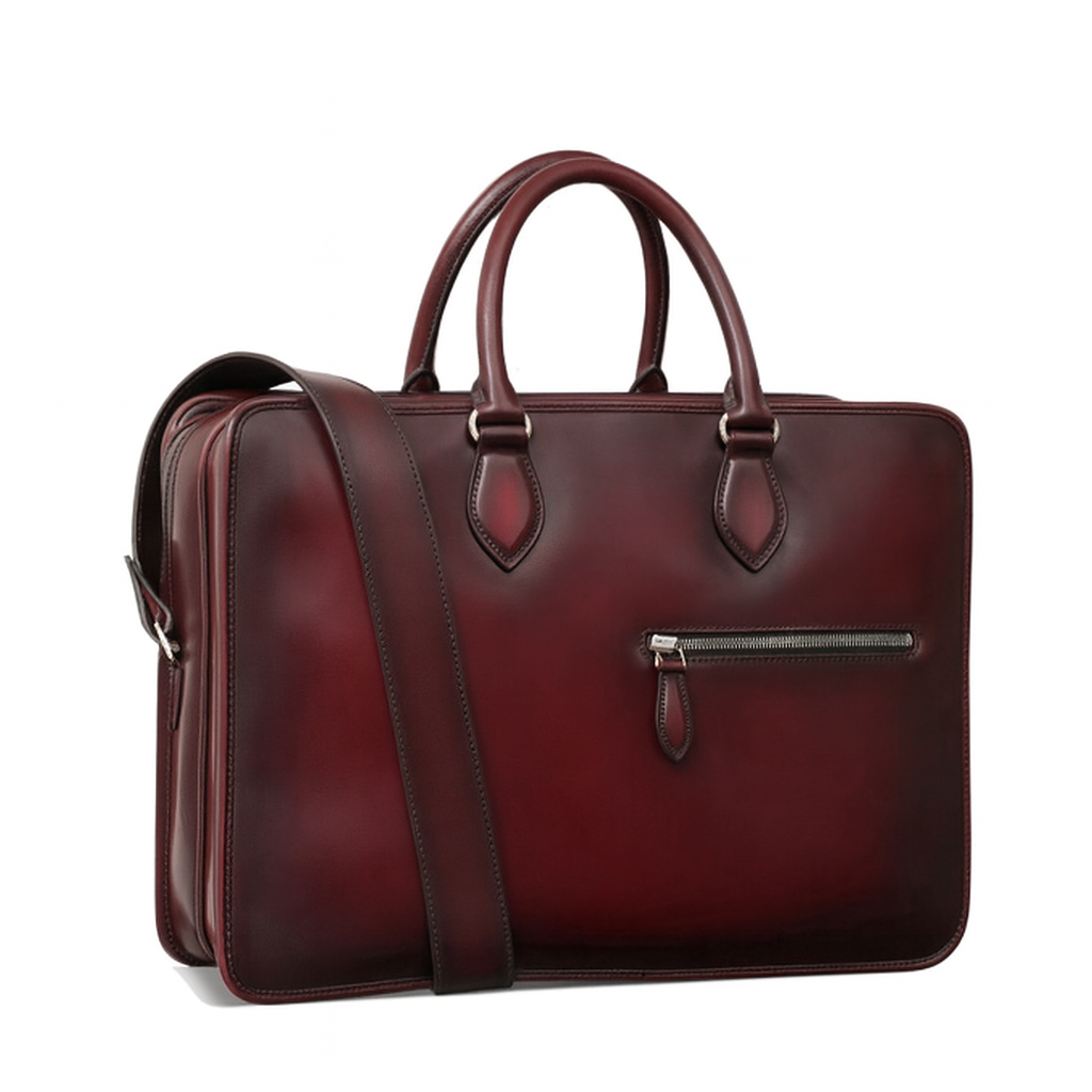 Grained Leather Burgundy Satchel