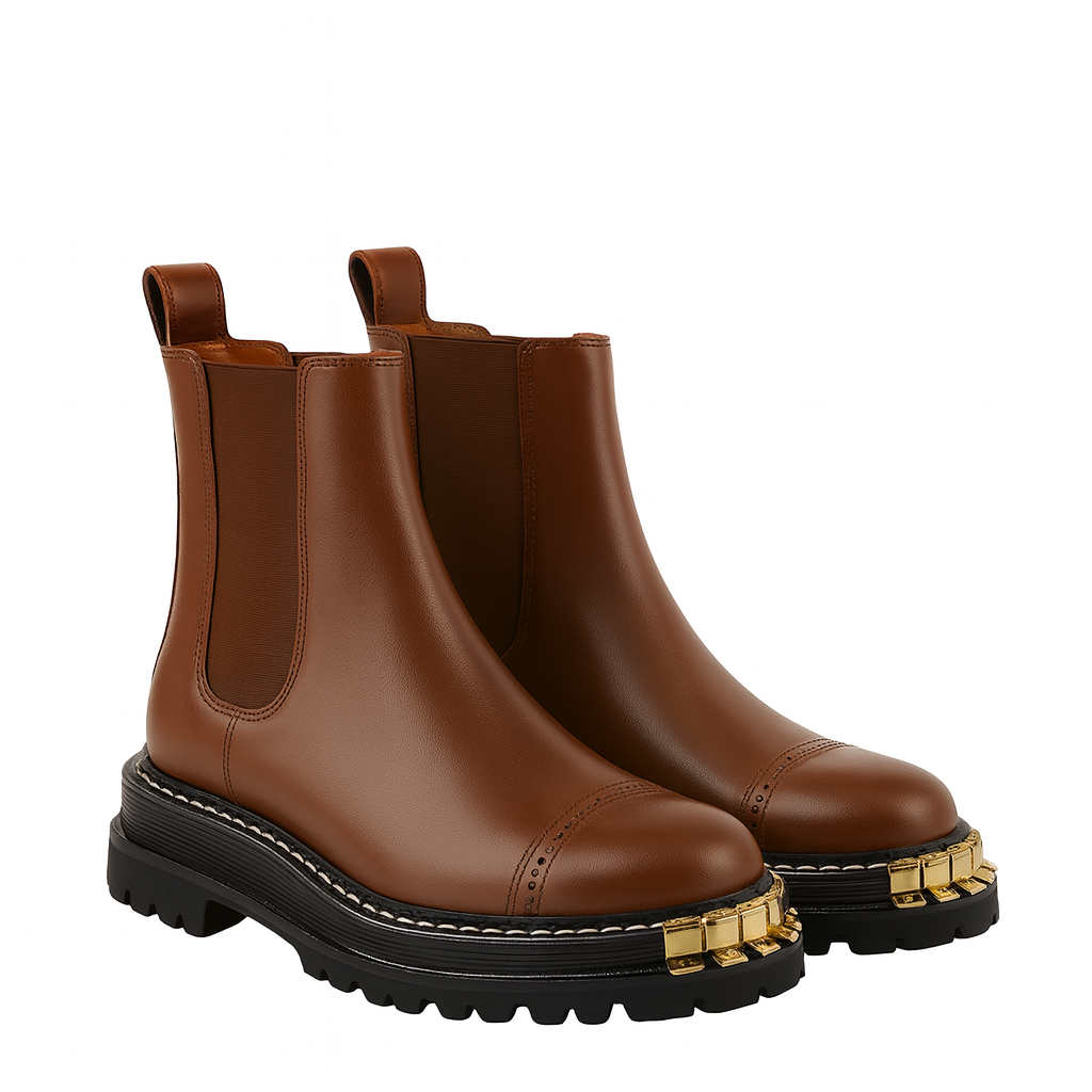 Luxury Brown Ankle Boots for Womens with Gold-accent Toe Detail