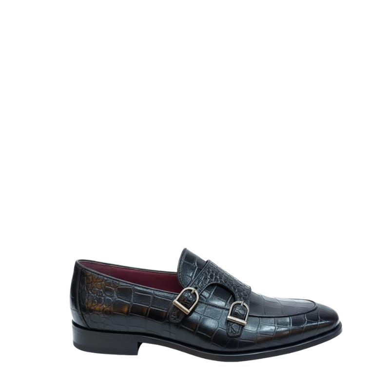 Obsidian Croco Double Monk Strap Shoes