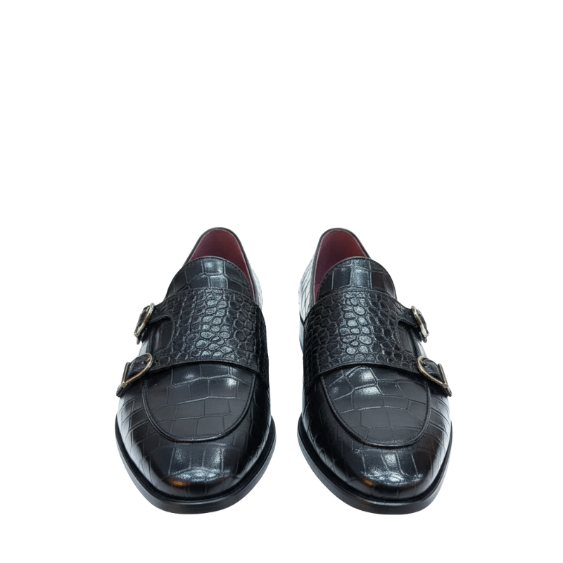 Obsidian Croco Double Monk Strap Shoes
