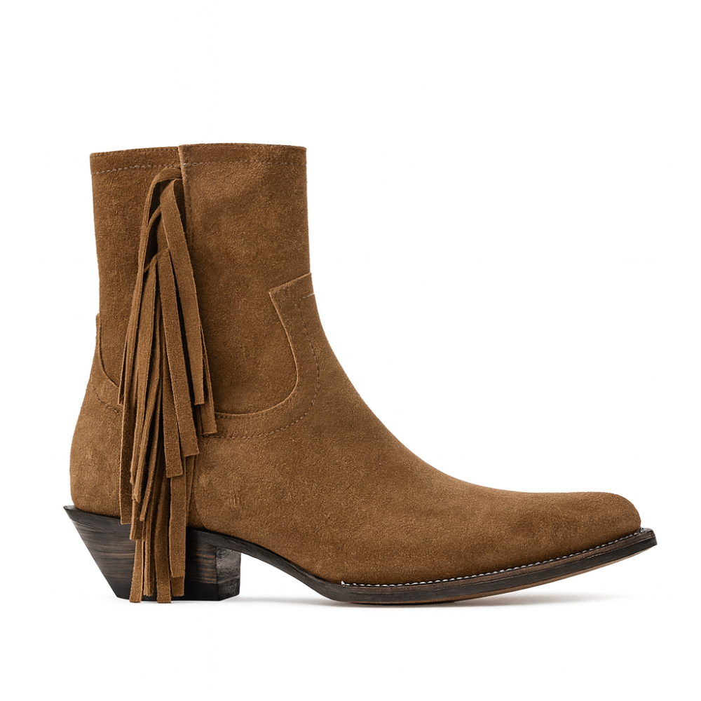 Men's Brown Suede Fringe Side Zipper Boot