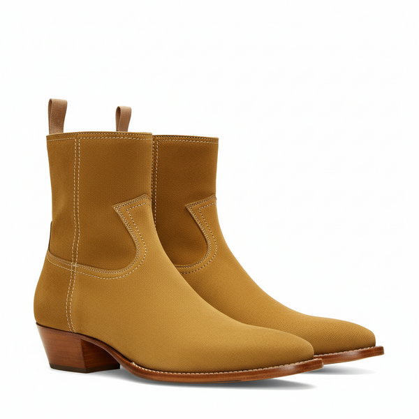 Side Zip Western Boot Camel Suede Leather - Camel