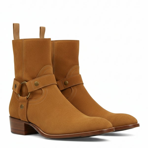 Harness Zip Boot Camel Suede Leather - Camel