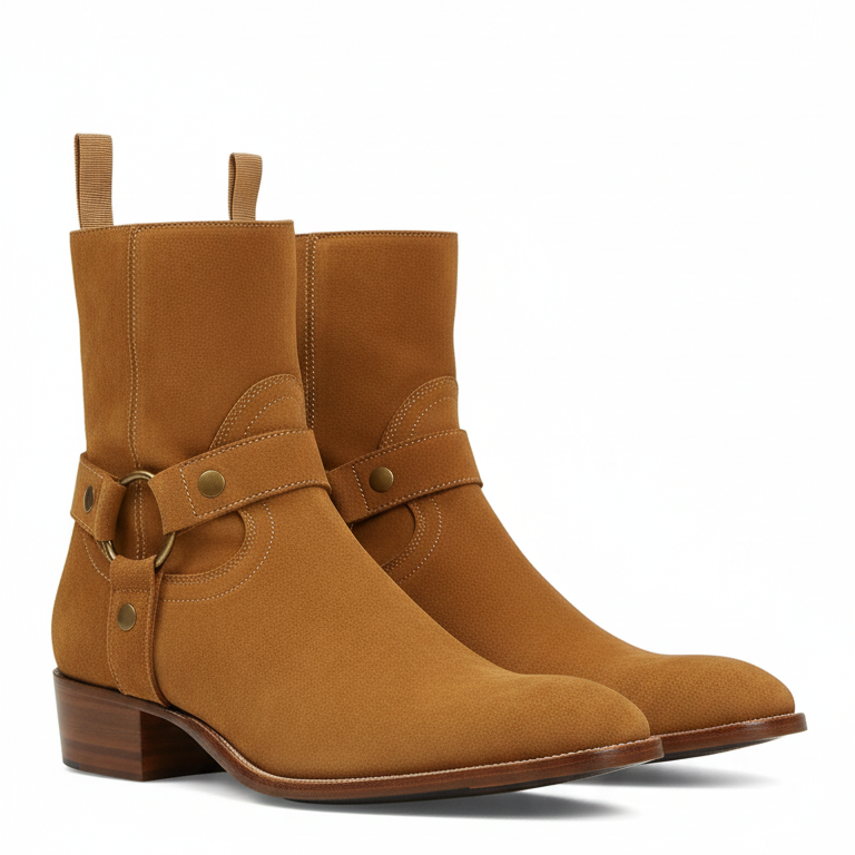 Harness Zip Boot - Camel Suede Leather