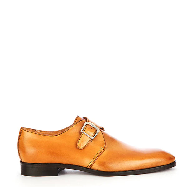 Handmade Shiny Leather Single Monk Straps Tan Shoe
