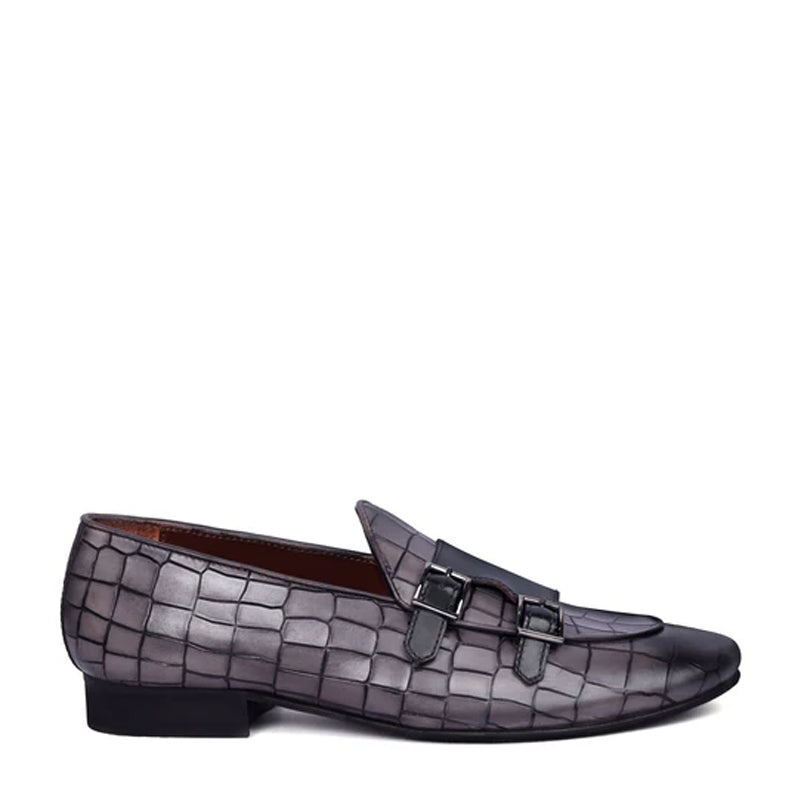 Croco Leather Double Monk Shoes For Men