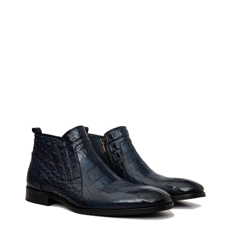 Blue Leather Side Zip Ankle Men Boot