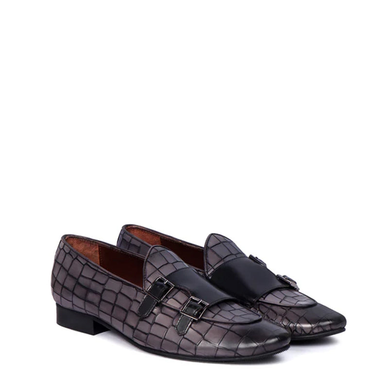 Deep Cut Croco Double Monk Shoes For Men