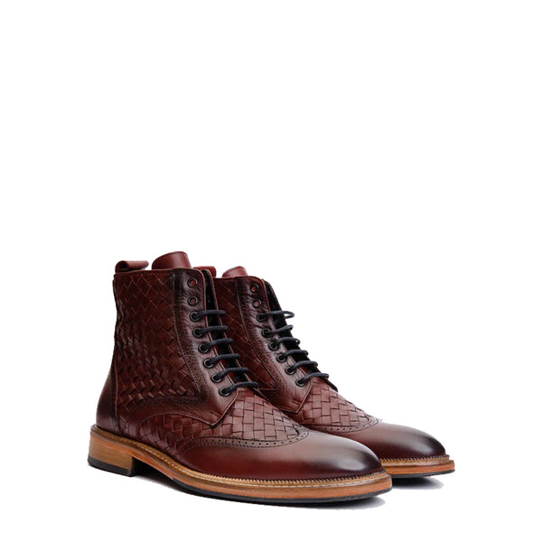 Leather Wingtip Brogue Lace Up Men Boot with Zipper - Wine