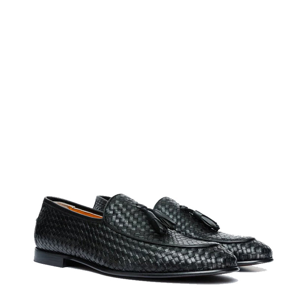 Tan Woven Tassel Loafer Men Shoe - Black