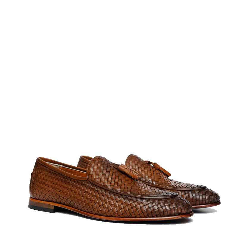 Brown Tan Woven Tassel Loafer Men Shoe