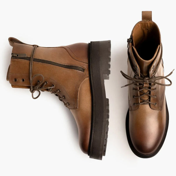 Lace Up Leather High Top Combat Boots - Tan
