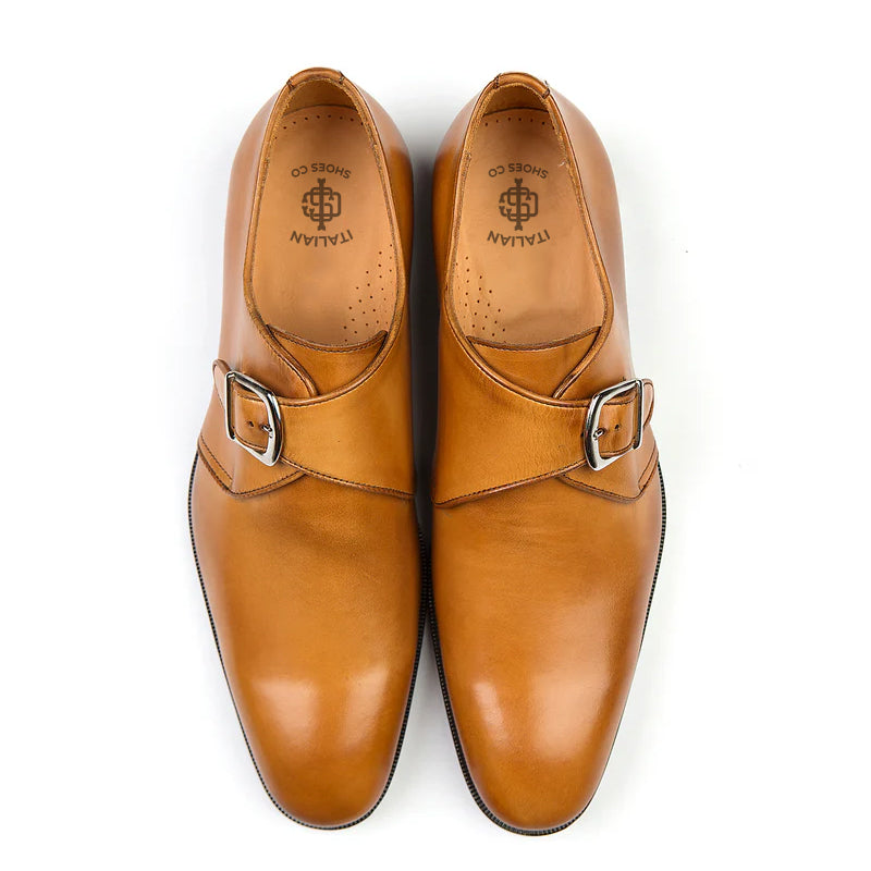 Handmade Shiny Leather Single Monk Straps Tan Shoe
