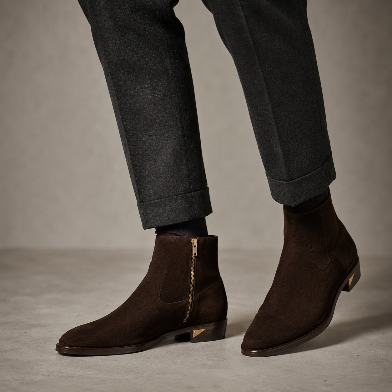 Italian Craft Side Zipper Suede Leather Stacked Heel Boot