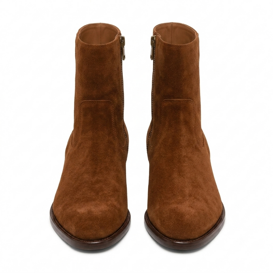 Italian Craft Side Zipper Suede Leather Stacked Heel Boot