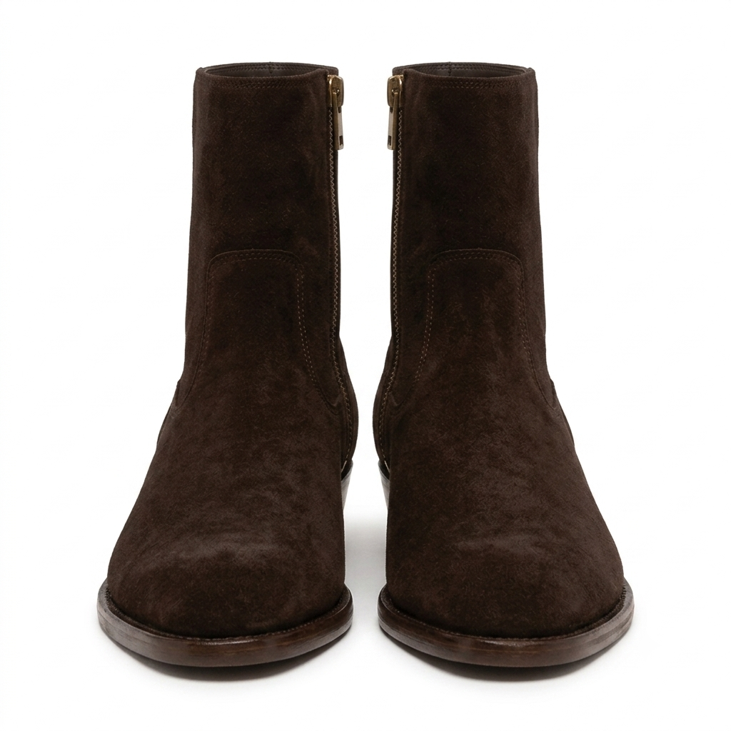 Italian Craft Side Zipper Suede Leather Stacked Heel Boot