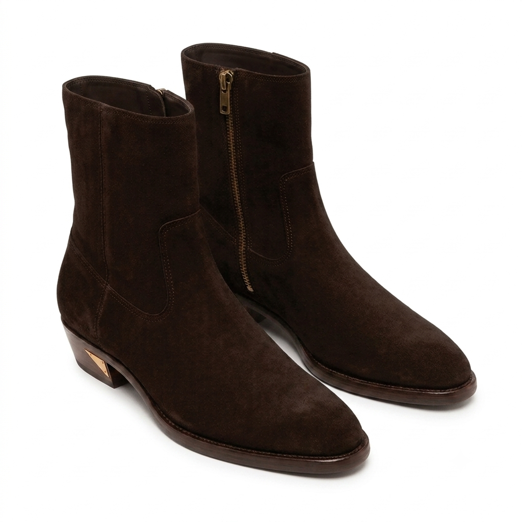 Italian Craft Side Zipper Suede Leather Stacked Heel Boot