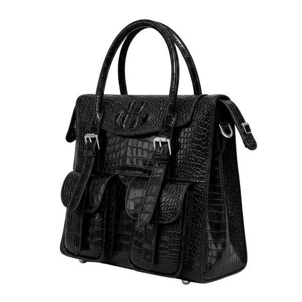 Italian Croco Leather Front Pocket Briefcase Bag - Black