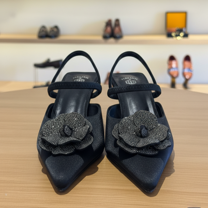 Italian Pointed-Toe Kitten Heel Slingback Sandals Heels