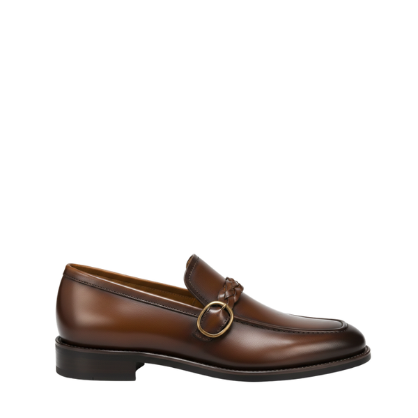 Italian Braided Luxe Buckle Leather Loafers - Dark Brown