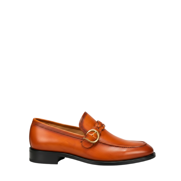 Italian Braided Luxe Buckle Leather Loafers - Cognac Tan