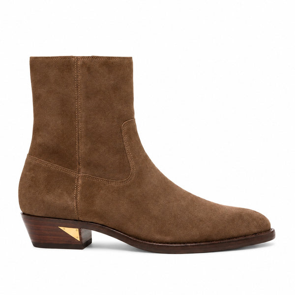 Italian Craft Side Zipper Suede Leather Stacked Heel Boot - Cognac Tan