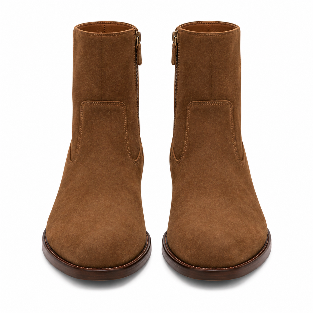Italian Craft Side Zipper Suede Leather Stacked Heel Boot