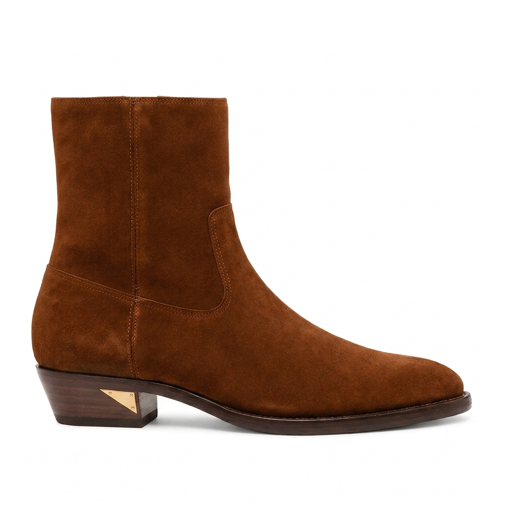 Italian Craft Side Zipper Suede Leather Stacked Heel Boot