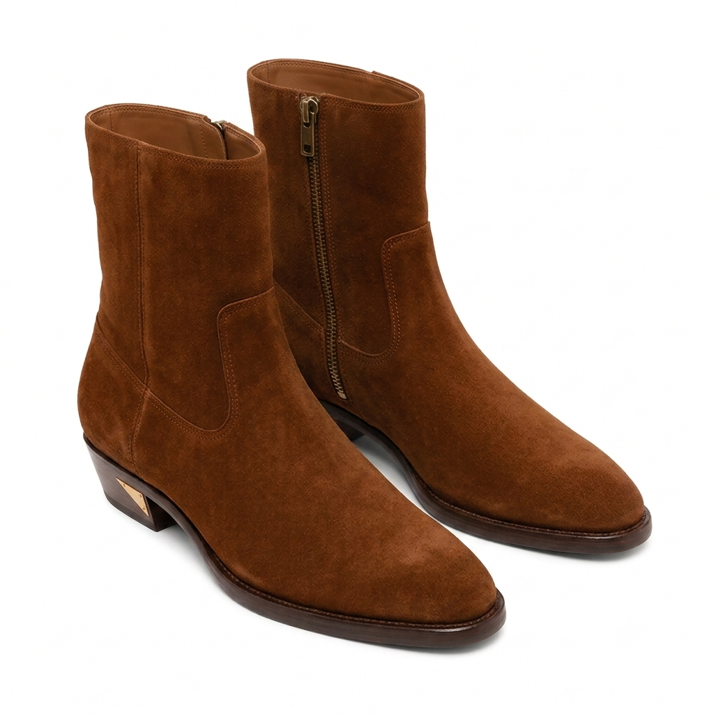 Italian Craft Side Zipper Suede Leather Stacked Heel Boot