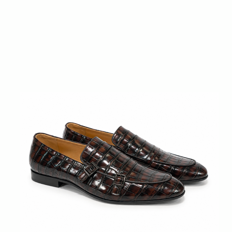 Italian Croc-Embossed Double Monk Strap Loafers