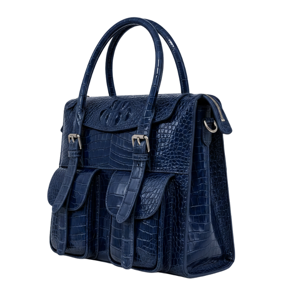 Italian Croco Leather Front Pocket Briefcase Bag - Blue