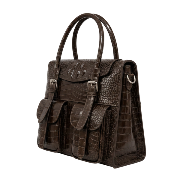 Italian Croco Leather Front Pocket Briefcase Bag - Brown