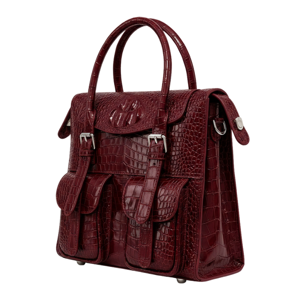 Italian Croco Leather Front Pocket Briefcase Bag - Burgundy
