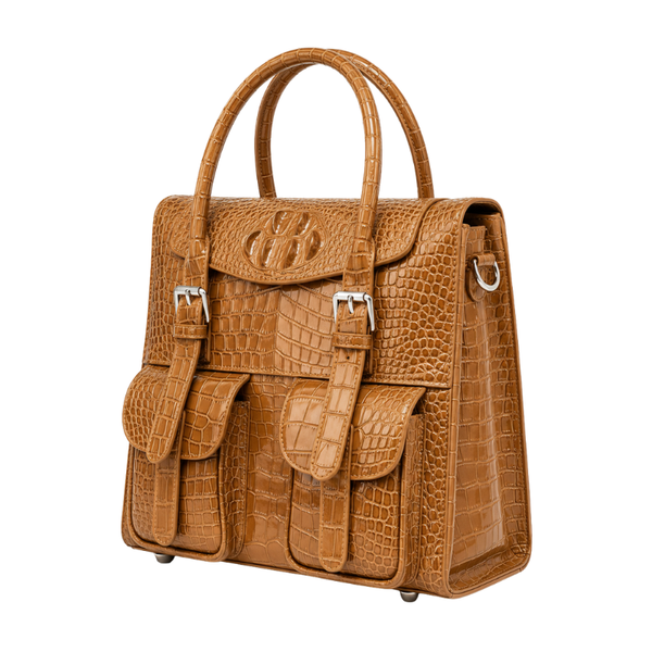 Italian Croco Leather Front Pocket Briefcase Bag - Tan