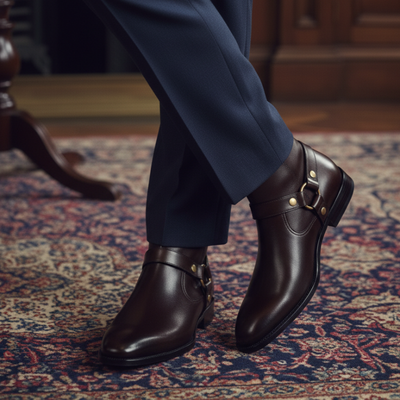 Italian Leather Ankle Boots With Harness Heritage Detailing