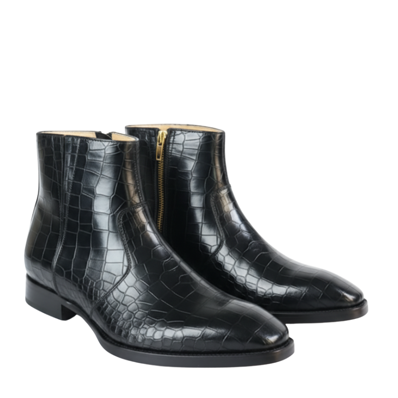 Italian Leather Croc Zip Ankle Boots