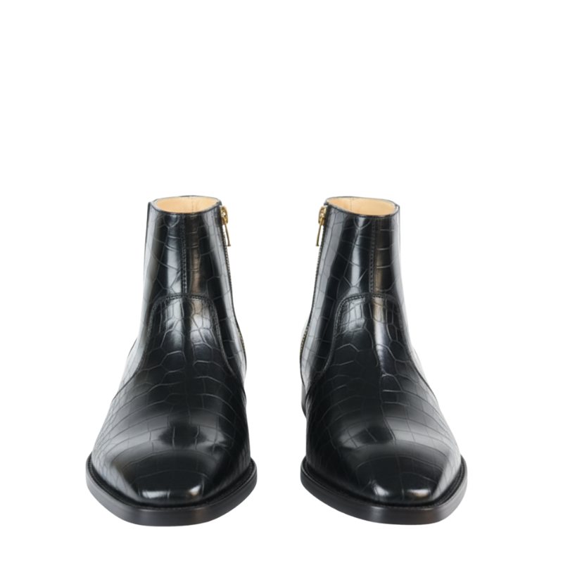 Italian Leather Croc Zip Ankle Boots