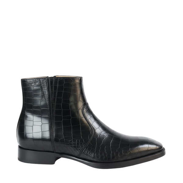 Italian Leather Croc Zip Ankle Boots - Black