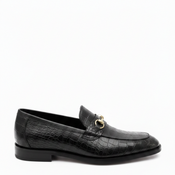 Italian Sophistication Croc Horsebit Leather Loafers - Black
