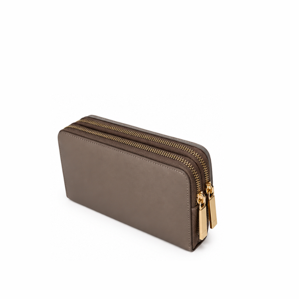 Dual Zipper Luxury Leather Wallet - Beige