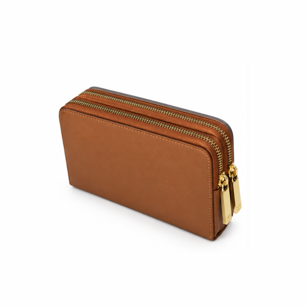 Dual Zipper Luxury Leather Wallet - Tan