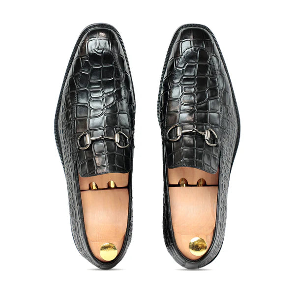 Brown Horse Bit Croco Slip On Loafers