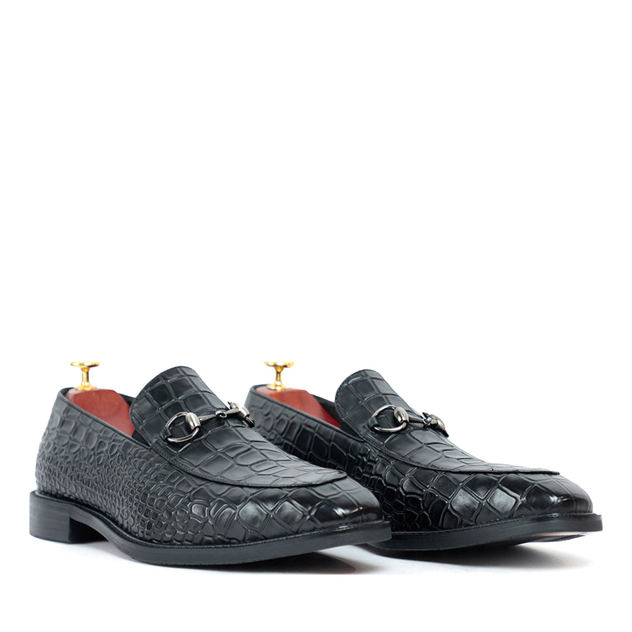 Black Horse Bit Croco Slip On Loafers