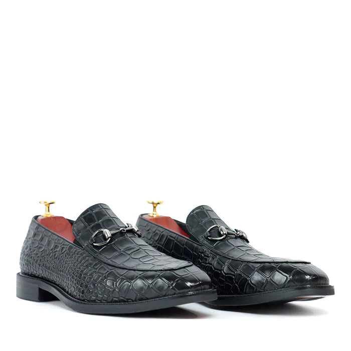 Brown Horse Bit Croco Slip On Loafers
