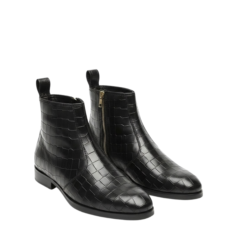 Luxury Croco Leather Golden Zipper Ankle Boots